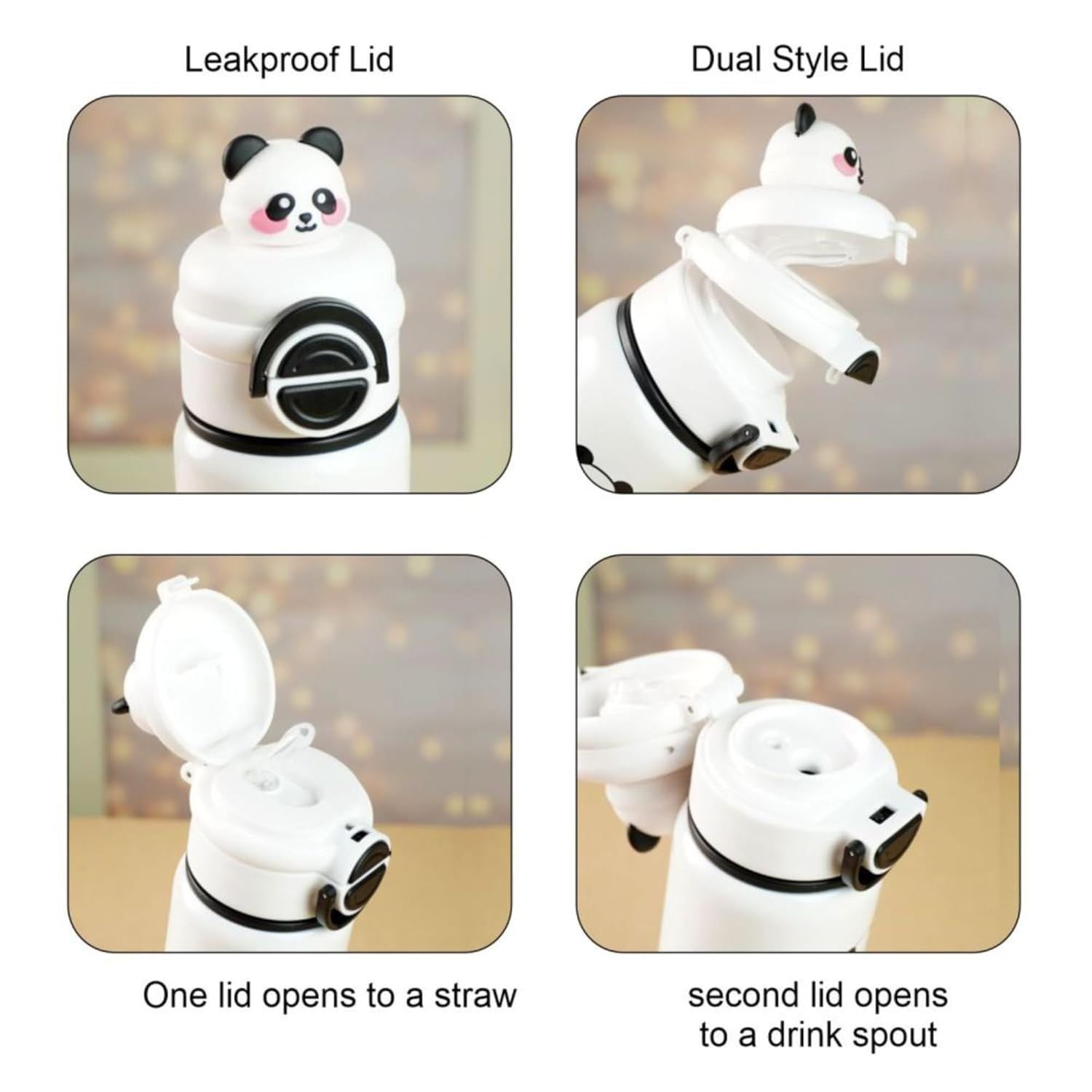 SMILE BABY Kids Panda Xcup White Water Bottle with Dual-Style Leakproof Lid – Straw & Spout,Cute Panda Design
