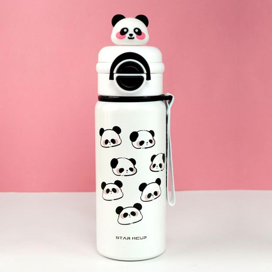 SMILE BABY Kids Panda Xcup White Water Bottle with Dual-Style Leakproof Lid – Straw & Spout,Cute Panda Design