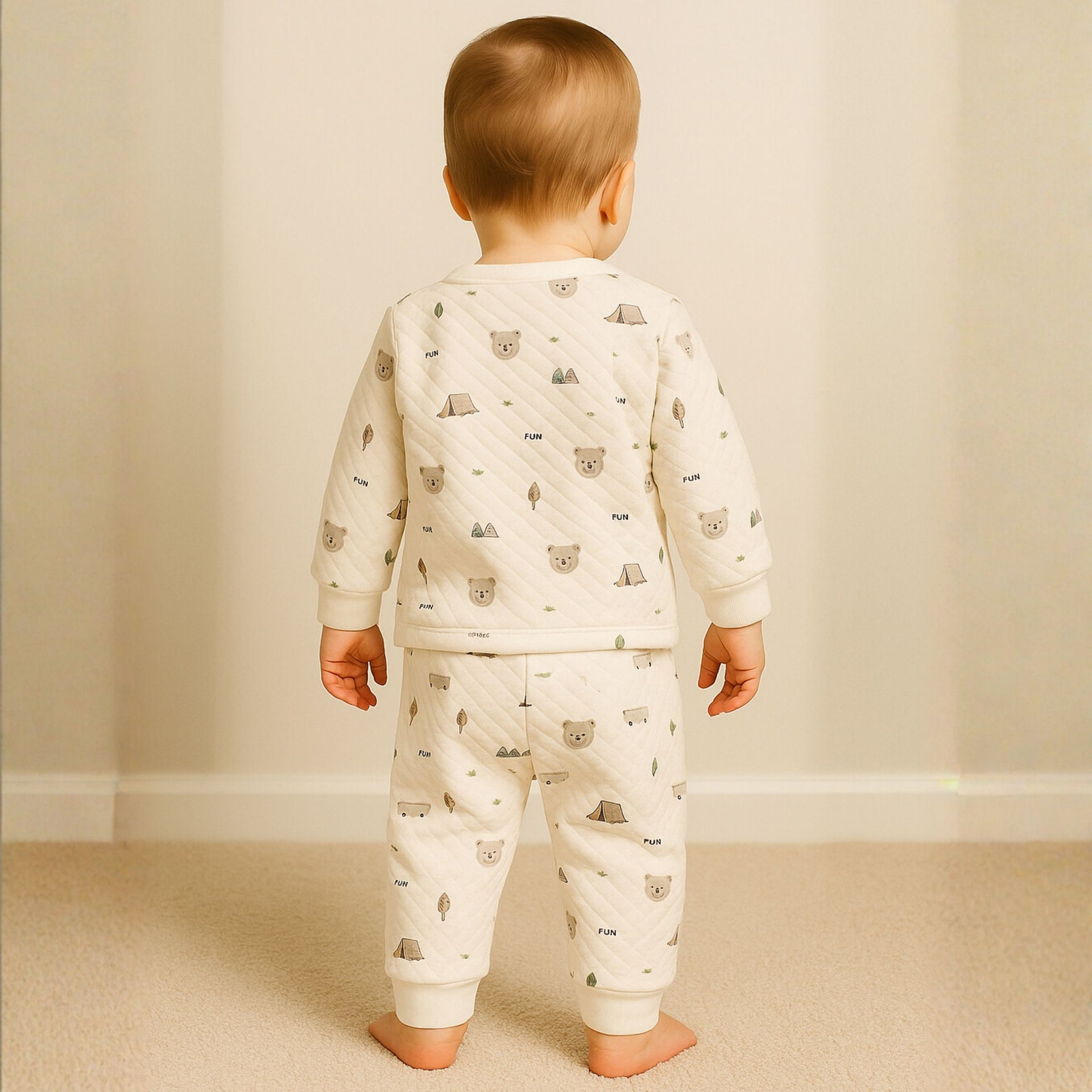 Ollypop Quilted Winter Wear Set for Baby Boys | Warm Cotton Outfit with Cute Bear & Camping Print | Ages 3M – 24M