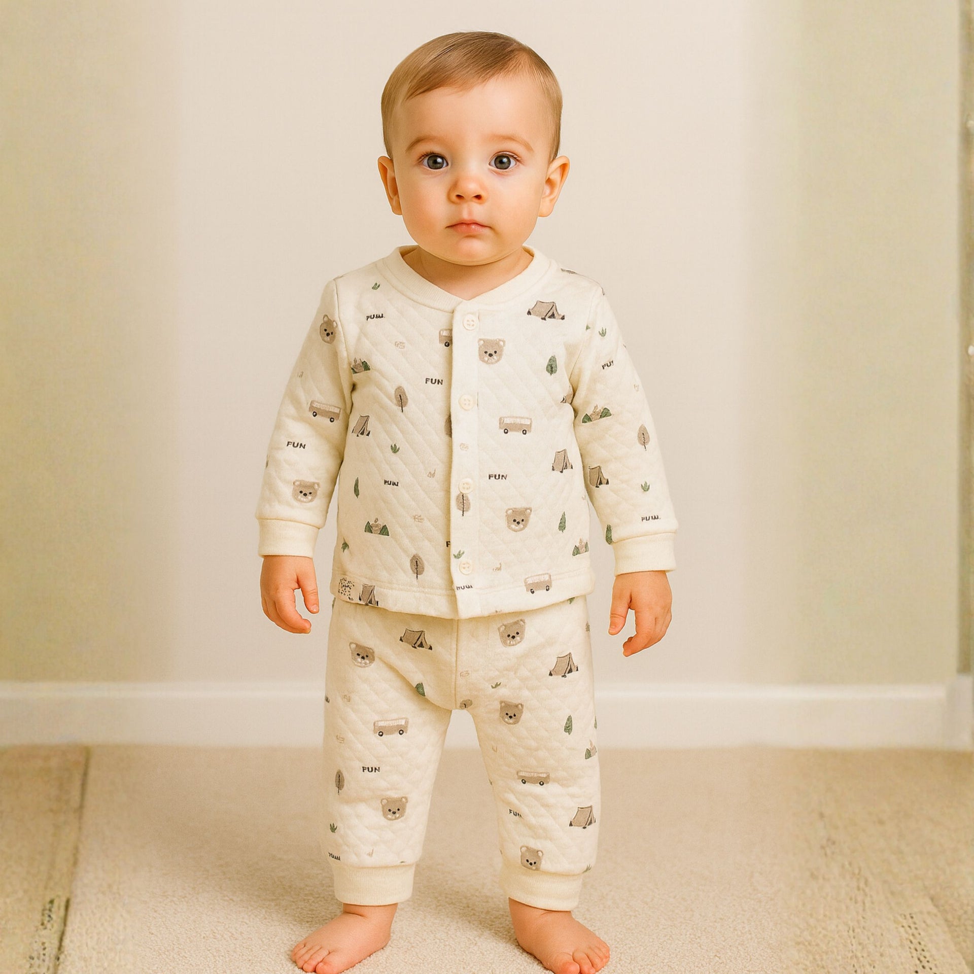 Ollypop Quilted Winter Wear Set for Baby Boys | Warm Cotton Outfit with Cute Bear & Camping Print | Ages 3M – 24M