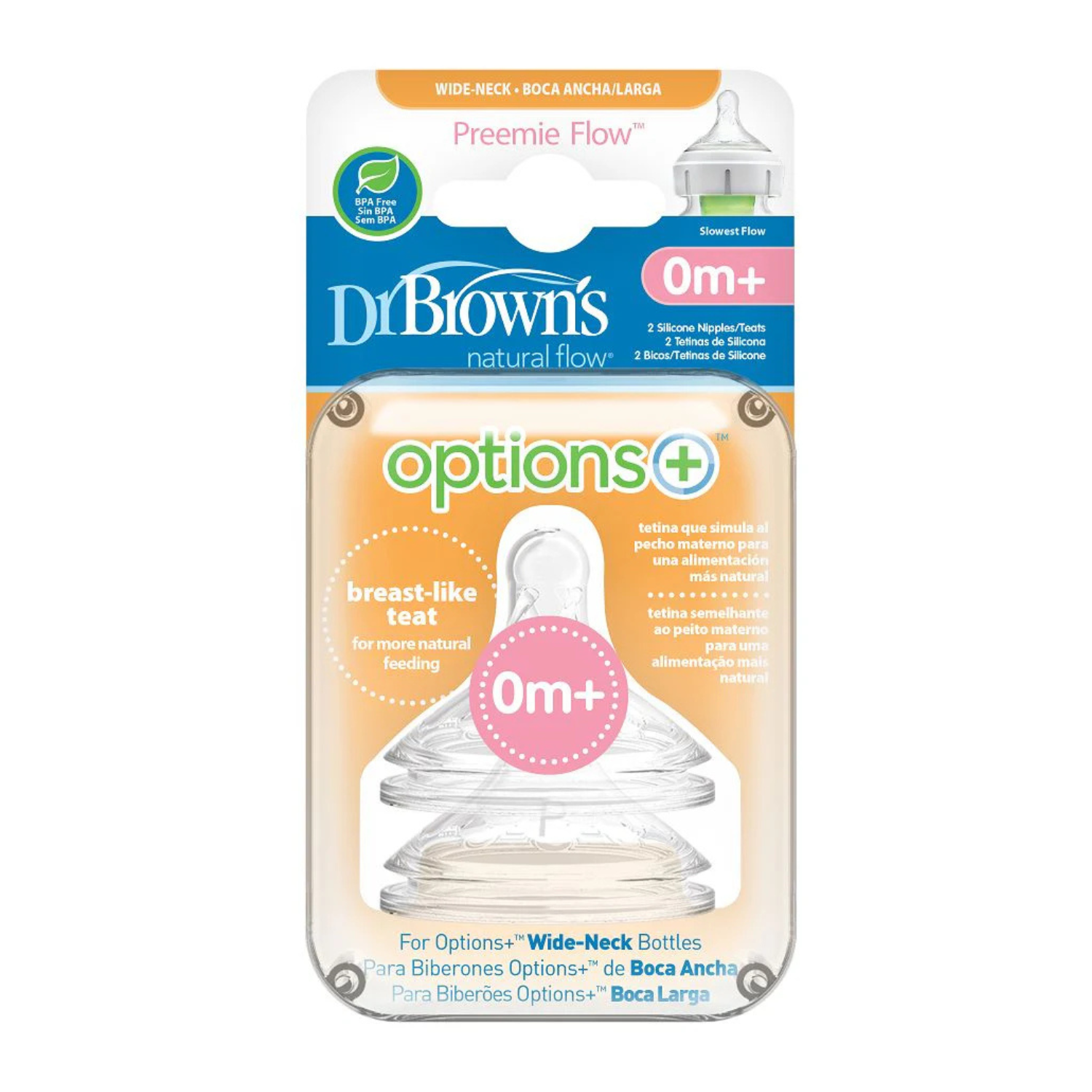 Dr. Brown’s Options+ Wide-Neck Preemie Flow Nipple 0m+ | Slowest Flow Anti-Colic Silicone Teat | BPA Free | 2 Count
