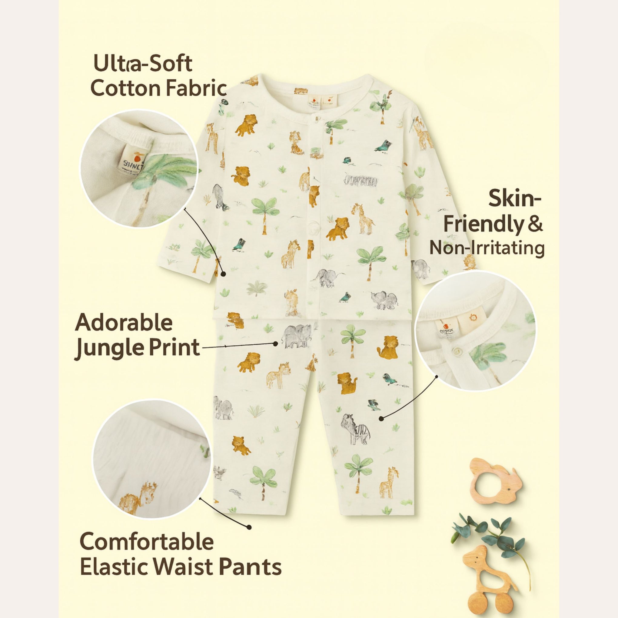 TOFFY HOUSE Jungle Friends Cotton Night Suit – Full Sleeve | Soft & Breathable | Unisex | 9 M - 3 Y