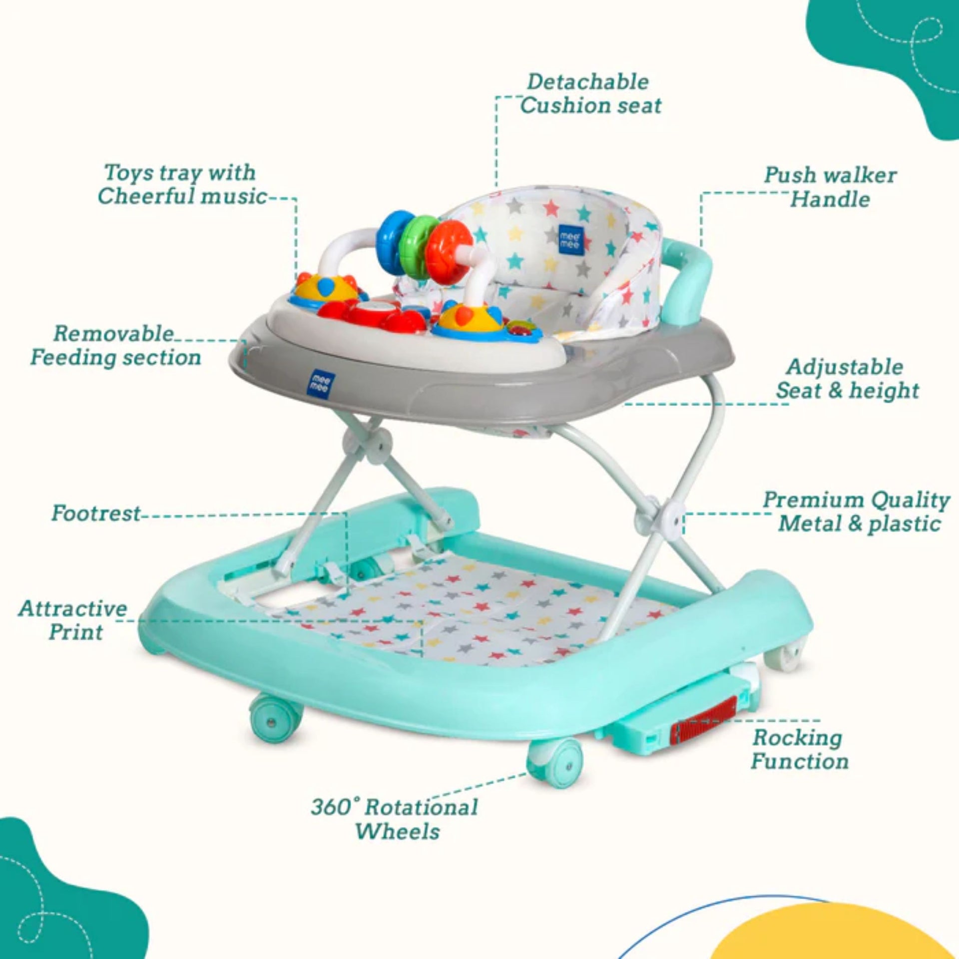 Mee Mee Baby 2 in 1 Walker & Rocker | 3 Level Adjustable Height, Light, Rattle & Musical Toys | Anti-Rollover Folding 360° Walker for Boys, Girls, Kids