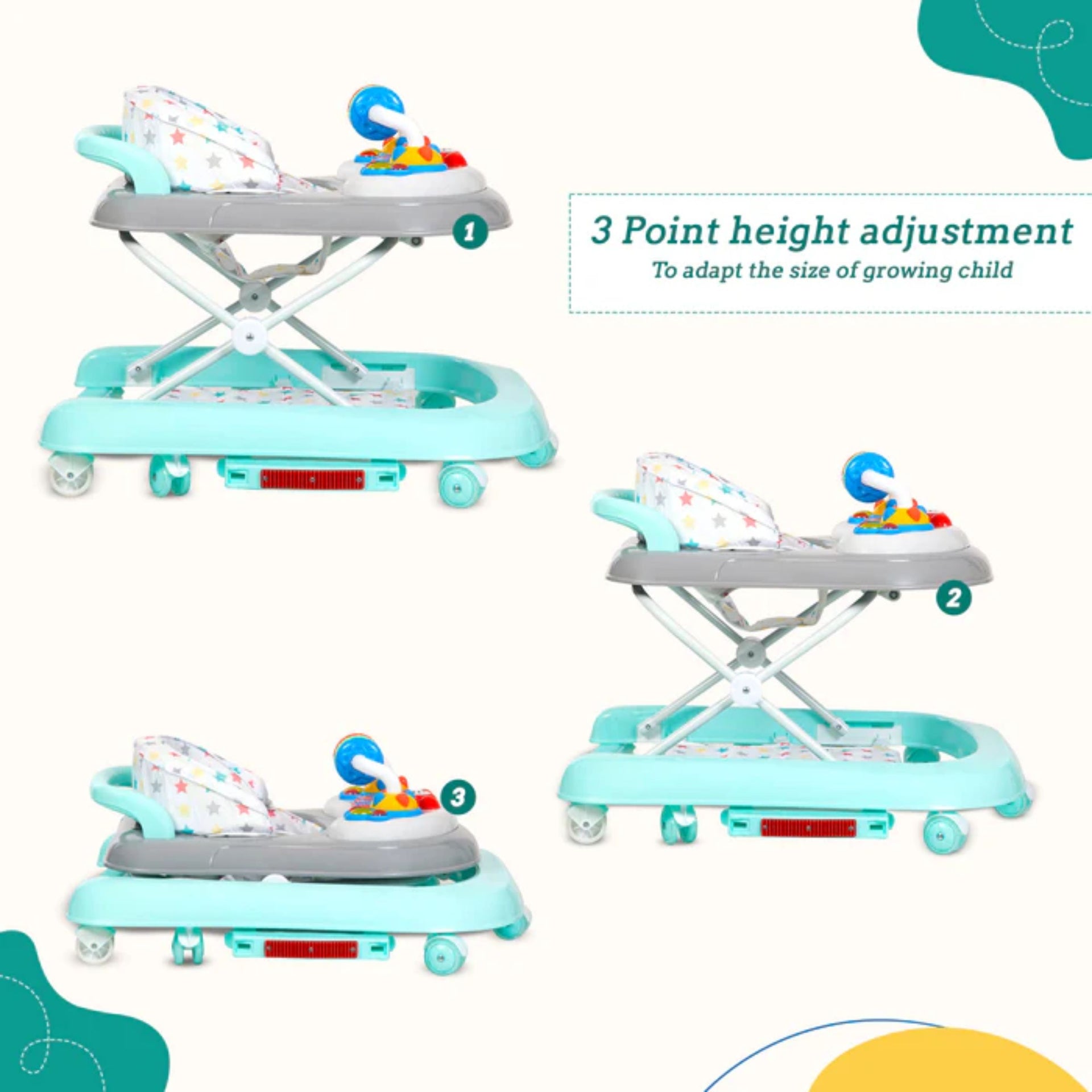 Mee Mee Baby 2 in 1 Walker & Rocker | 3 Level Adjustable Height, Light, Rattle & Musical Toys | Anti-Rollover Folding 360° Walker for Boys, Girls, Kids