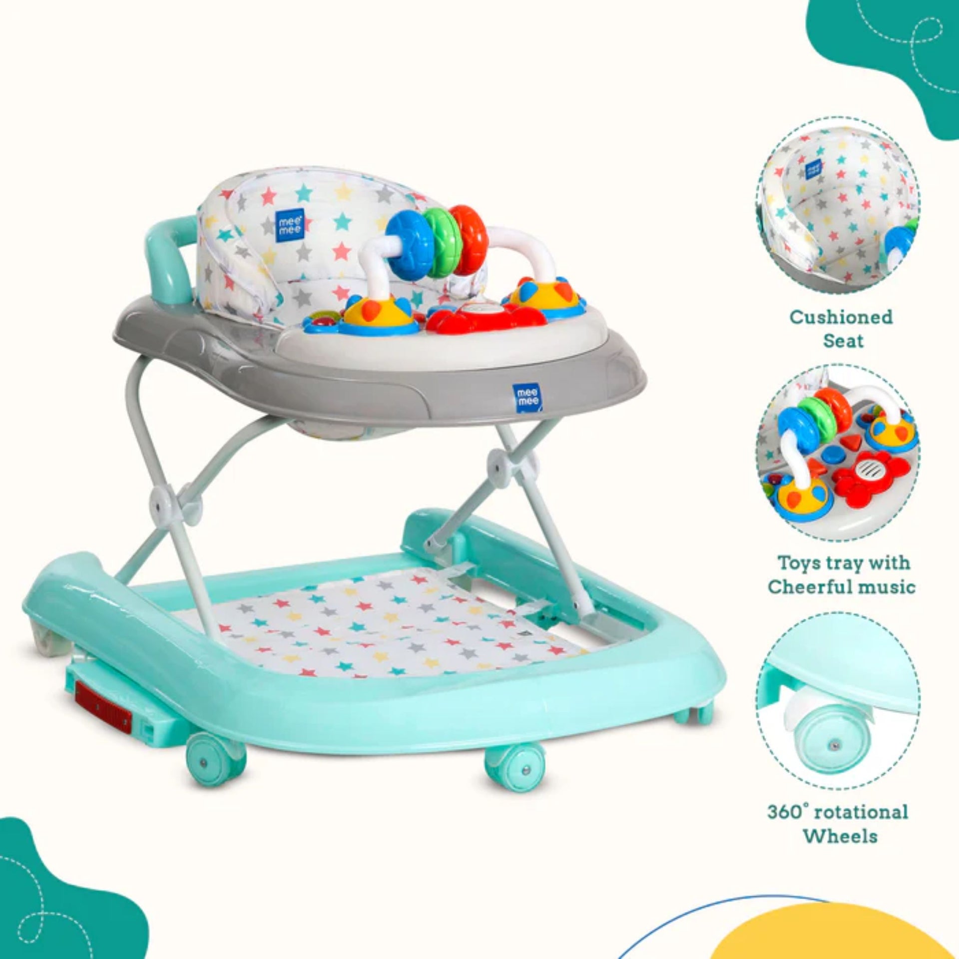 Mee Mee Baby 2 in 1 Walker & Rocker | 3 Level Adjustable Height, Light, Rattle & Musical Toys | Anti-Rollover Folding 360° Walker for Boys, Girls, Kids