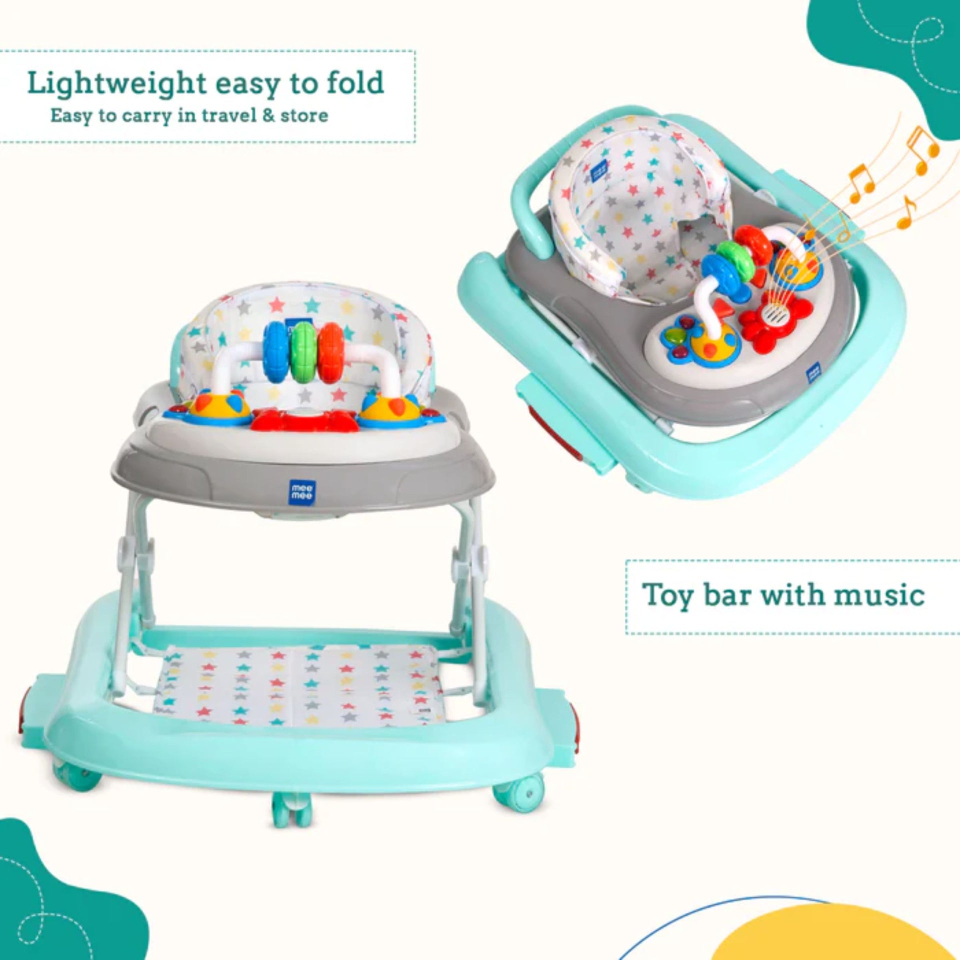 Mee Mee Baby 2 in 1 Walker & Rocker | 3 Level Adjustable Height, Light, Rattle & Musical Toys | Anti-Rollover Folding 360° Walker for Boys, Girls, Kids
