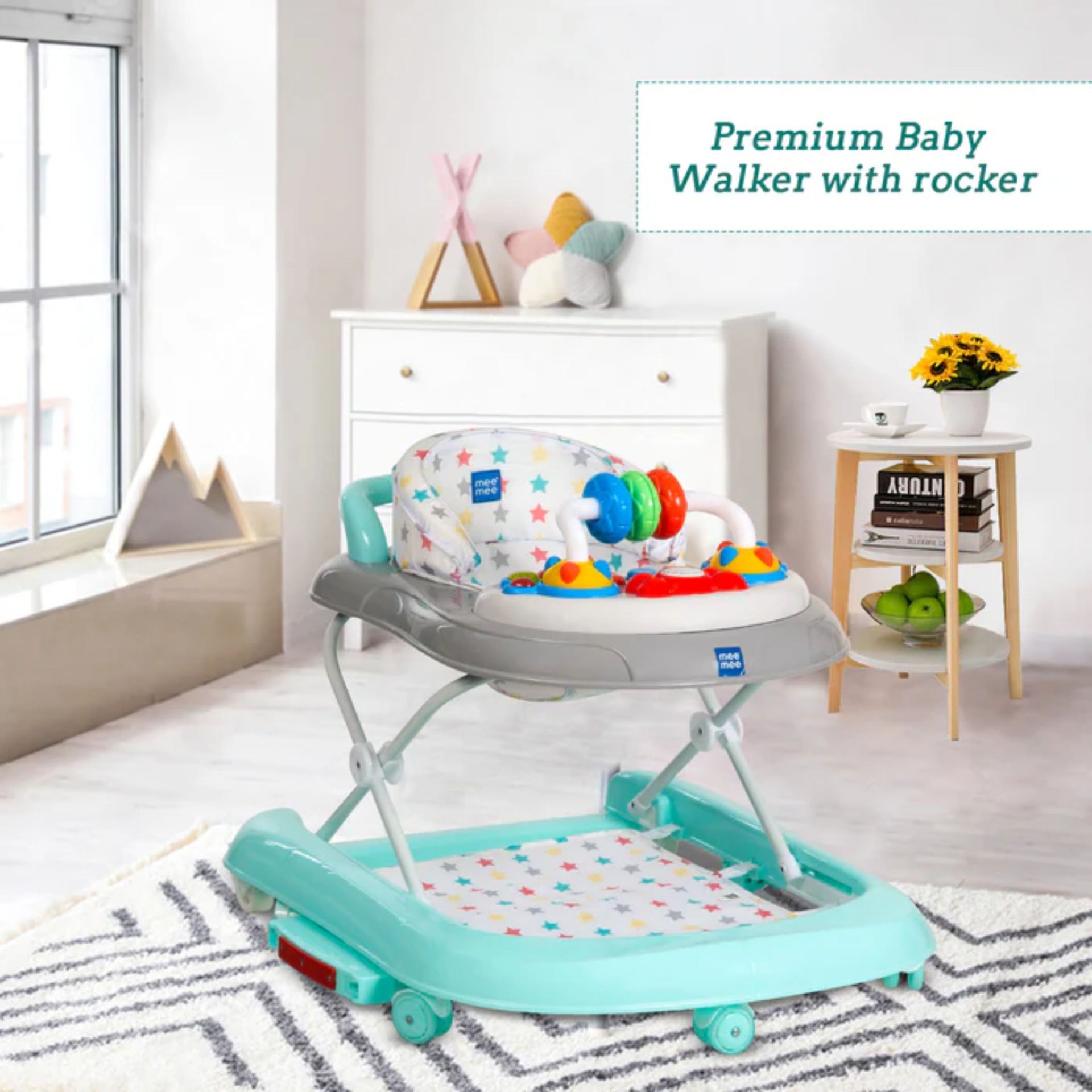 Mee Mee Baby 2 in 1 Walker & Rocker | 3 Level Adjustable Height, Light, Rattle & Musical Toys | Anti-Rollover Folding 360° Walker for Boys, Girls, Kids