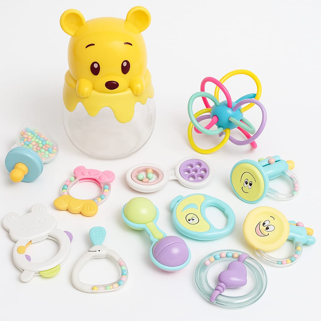 Smile Baby 11-Piece Baby Rattle & Teether Toy Set – BPA Free, Non-Toxic, Musical & Educational Toys for Newborns & Infants with Cute Bear Storage Box