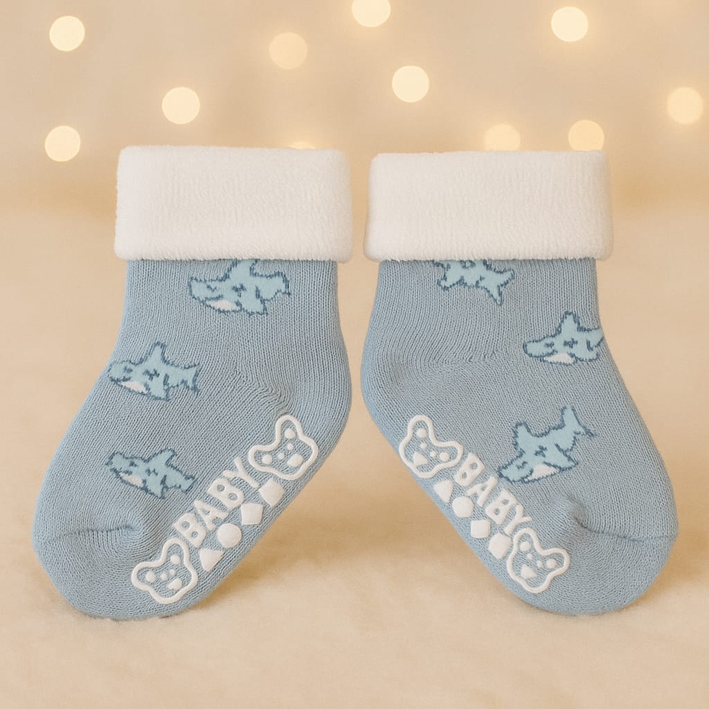 Smile Baby Unisex Anti-Slip Cotton Socks – Soft, Warm & Stretchable Baby Socks (Pack of 3 – Shark, Stripes & Bat Designs) 0-12M