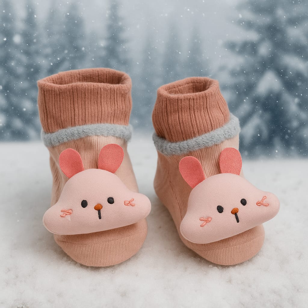 SMILE BABY New Born Booties – Soft Cotton Plush 3D Animal Socks for Infants | Warm & Anti-Slip Baby Winter Booties (Pack of 2 Pairs)