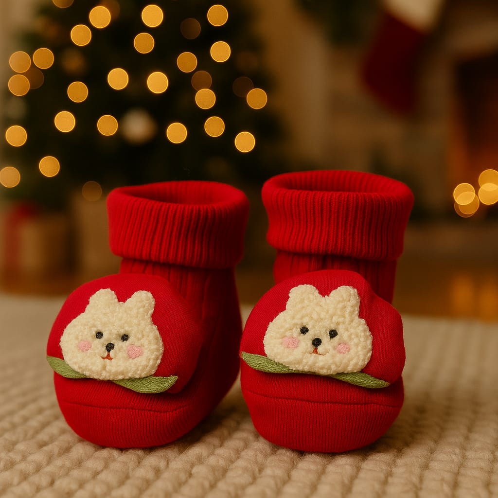 SMILE BABY Newborn Baby Booties | Soft Cotton Booties with Cute Embroidery | Warm & Comfortable Crib Shoes for Infants (0–12 Months) | Red