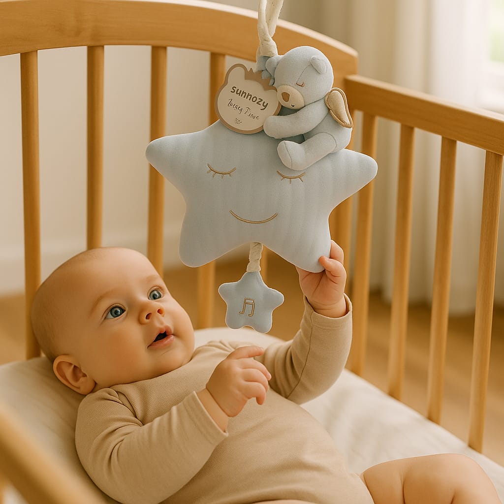 SMILE BABY Soft Musical Plush Star Hanging Toy with Teddy | Baby Crib & Stroller Hanging Toy | Lullaby Soothing Toy | Available in Cream, Pink & Blue