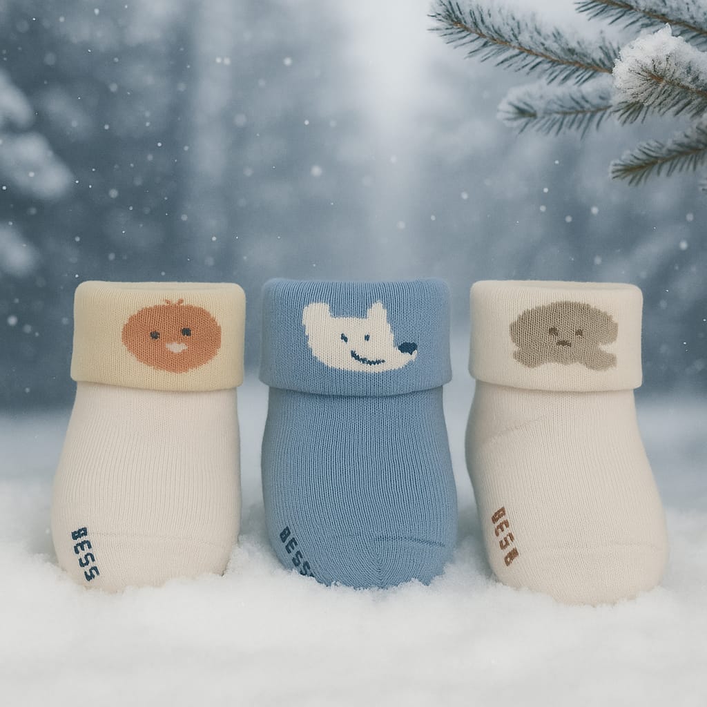 SMILE BABY Soft Winter Baby Socks | Warm & Breathable Cotton socks| Cute Animal Design | Newborn to 12 Months | Pack of 3 – Cream, Blue & Beige