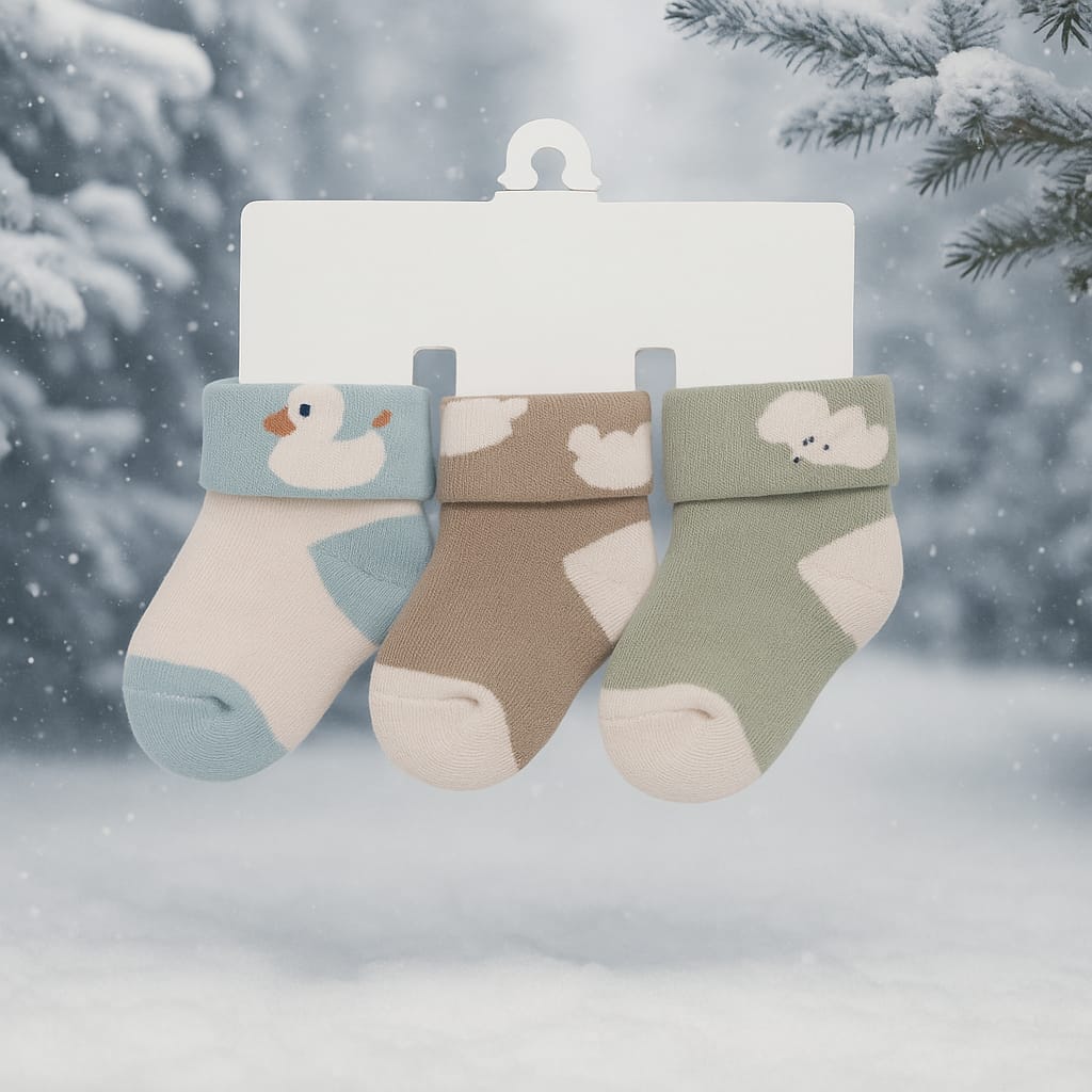 SMILE BABY Soft Winter Baby Socks | Warm Cotton Booties with Cute Animal Patterns | Anti-Slip & Stretchable | Pack of 3 – Blue, Brown & Green | 0-12 m