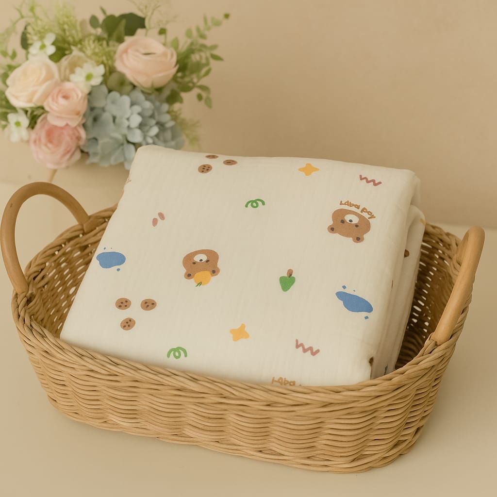 Smile Baby 100% Cotton Muslin Baby Blanket | Soft, Breathable & Lightweight Swaddle Wrap | Adorable Bear Print | Perfect for Newborns & Infants (Cream)