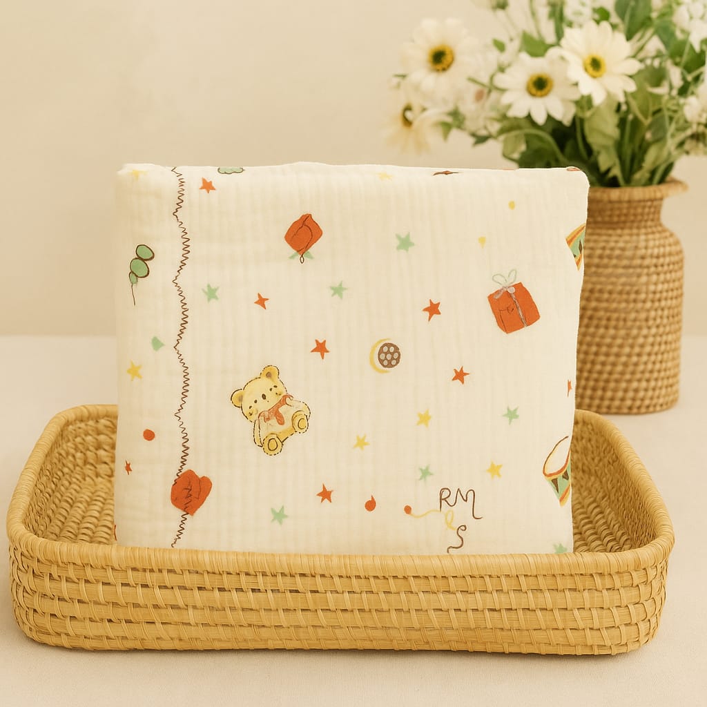 Smile Baby 100% Cotton Muslin Baby Blanket | Soft, Breathable & Cozy Swaddle Wrap for Newborns | Teddy & Drum Print | Multipurpose Use (Cream)