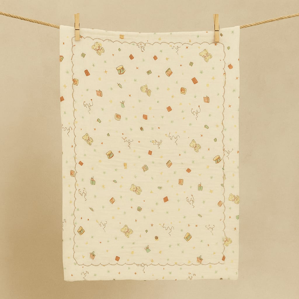 Smile Baby 100% Cotton Muslin Baby Blanket | Soft, Breathable & Cozy Swaddle Wrap for Newborns | Teddy & Drum Print | Multipurpose Use (Cream)