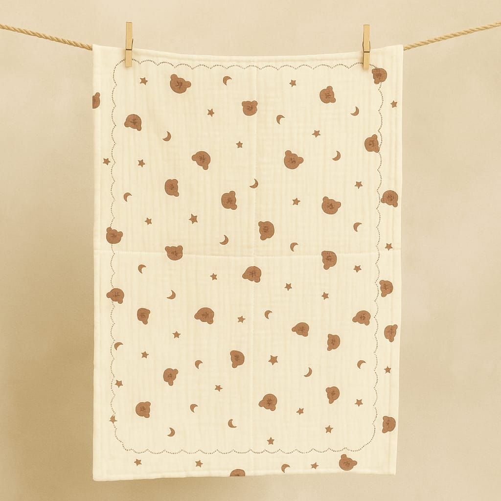 Smile Baby 100% Cotton Muslin Baby Blanket | Soft, Breathable & Lightweight Swaddle Wrap | Brown Bear & Moon Print | Perfect for Newborns & Infants (Cream)