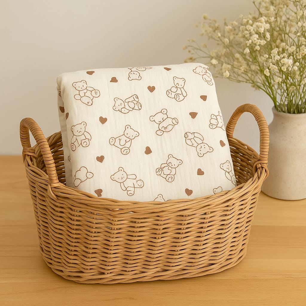 Smile Baby 100% Cotton Muslin Baby Blanket | Soft, Lightweight & Breathable Swaddle Wrap | Brown Teddy & Heart Print | Perfect for Newborns & Infants (Cream)