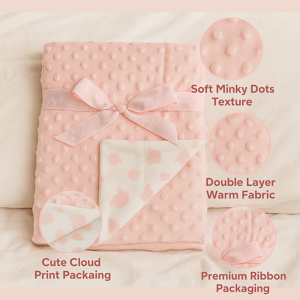 Smile Baby Ultra Soft Minky Dot Baby Blanket 75x100 cm | Reversible Newborn Blanket with Satin Bow – Pink, Cream & Blue | Cozy Infant Blanket for Boys & Girls