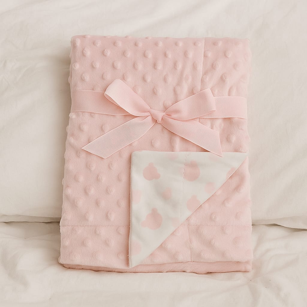Smile Baby Ultra Soft Minky Dot Baby Blanket 75x100 cm | Reversible Newborn Blanket with Satin Bow – Pink, Cream & Blue | Cozy Infant Blanket for Boys & Girls