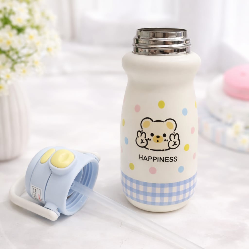 SMILE BABY Kids Insulated Water Bottle with Straw & Handle | Stainless Steel, Leakproof Flip Lid | BPA-Free Cartoon Bottle for Kids (Red, White, Pink & Blue) 520ML