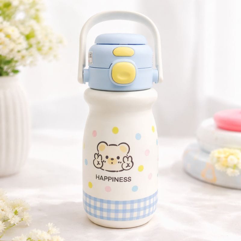 SMILE BABY Kids Insulated Water Bottle with Straw & Handle | Stainless Steel, Leakproof Flip Lid | BPA-Free Cartoon Bottle for Kids (Red, White, Pink & Blue) 520ML