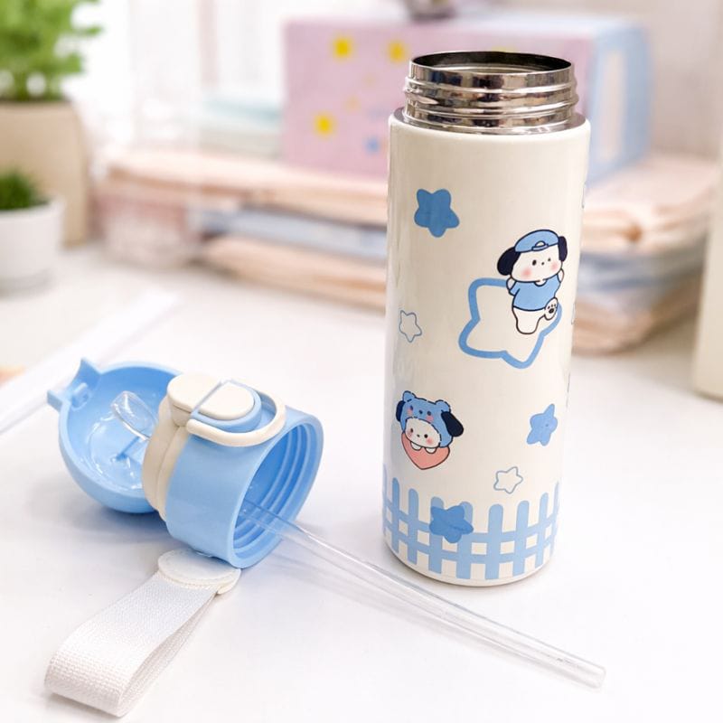 SMILE BABY Cute Kids Steel Straw Water Bottle – Leak-Proof Flip Lid, Lightweight & Easy Carry (Blue / Pink / White / Green)