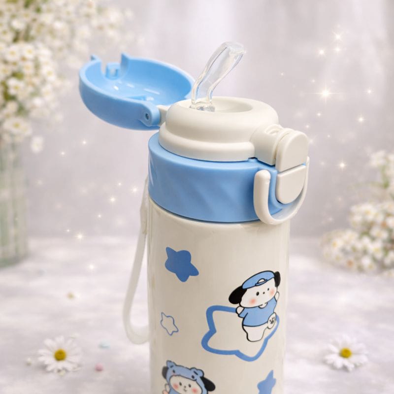 SMILE BABY Cute Kids Steel Straw Water Bottle – Leak-Proof Flip Lid, Lightweight & Easy Carry (Blue / Pink / White / Green)