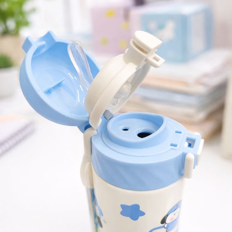 SMILE BABY Cute Kids Steel Straw Water Bottle – Leak-Proof Flip Lid, Lightweight & Easy Carry (Blue / Pink / White / Green)