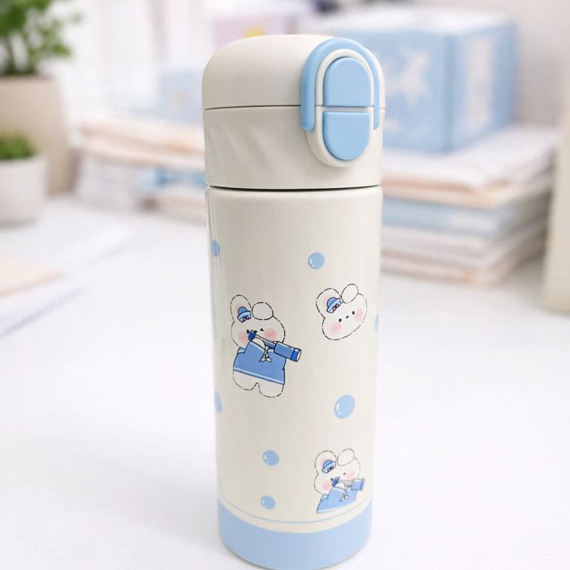 SMILE BABY Cute Kids Steel Straw Water Bottle – Leak-Proof Flip Lid, Lightweight & Easy Carry (Blue / Pink / White / Green)