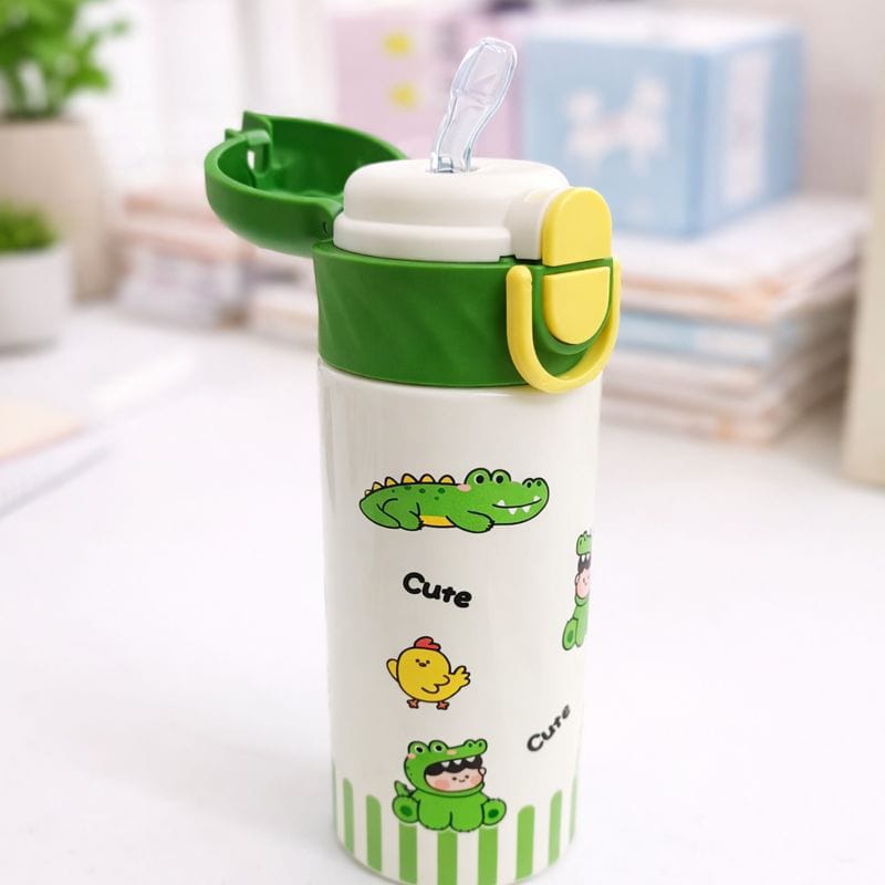 SMILE BABY Cute Kids Steel Straw Water Bottle – Leak-Proof Flip Lid, Lightweight & Easy Carry (Blue / Pink / White / Green)