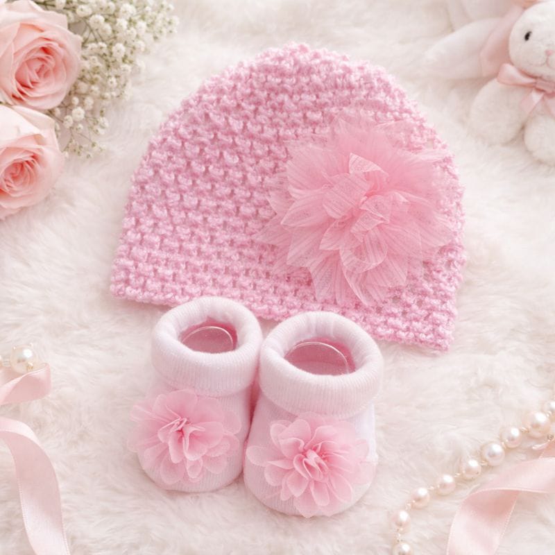 SMILE BABY Pink Baby Girl Knitted Cap & Booties Set with Soft Flower Appliqué – Newborn Photoshoot & Gifting