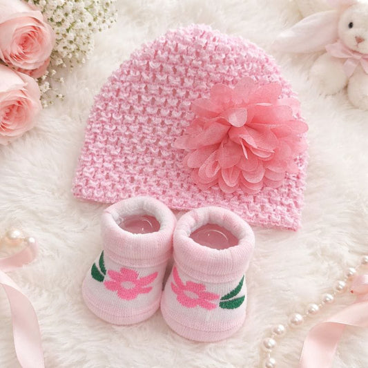 SMILE BABY Baby Girl Pink Crochet Cap & Floral Booties Set (0–12 Months) – Soft Winter Wear & Photoshoot Outfit
