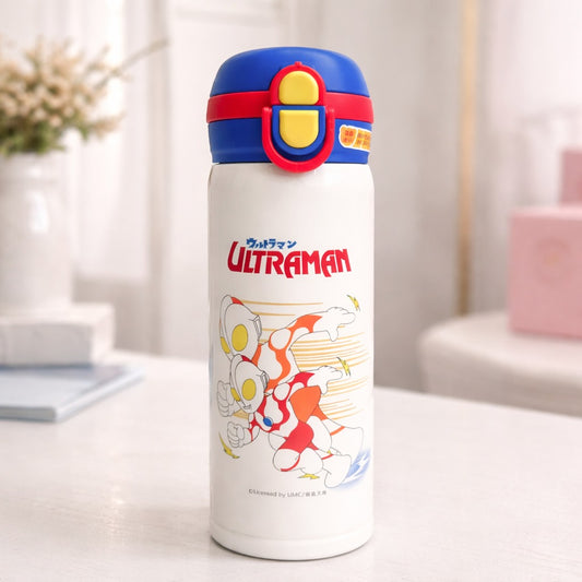 SMILE BABY Ultraman Kids Vacuum Insulated Water Bottle – 480ML | Flip-Open Straw, Leak-Proof Lock Lid | White / Royal Blue