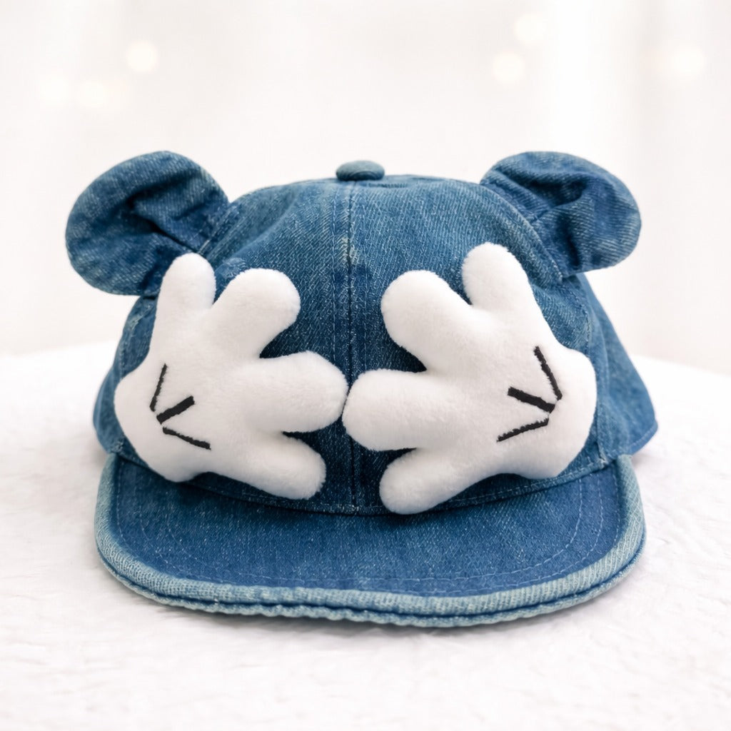 SMILE BABY Denim Cartoon Ear Cap with Plush Hands – Adjustable Kids Hat (Blue)