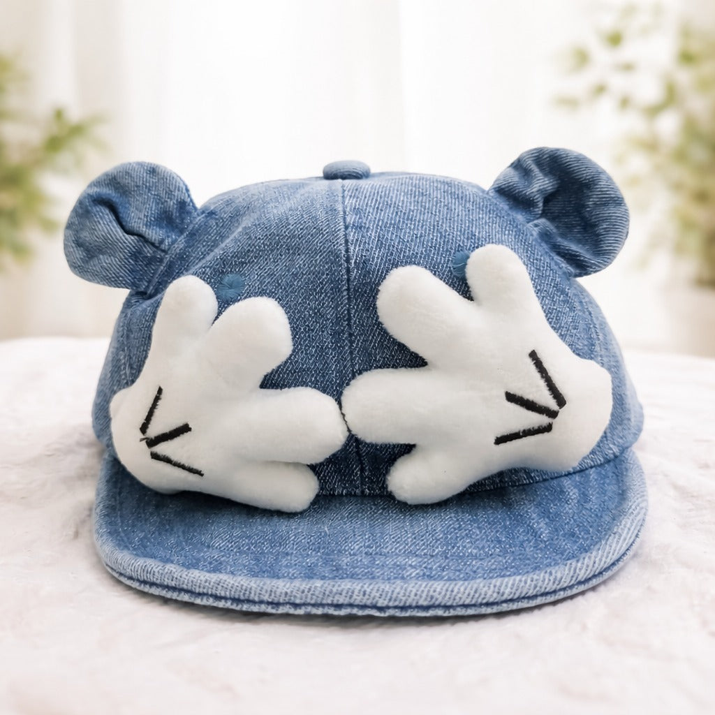 SMILE BABY Denim Cartoon Ear Cap with Plush Hands – Adjustable Kids Hat (Blue)