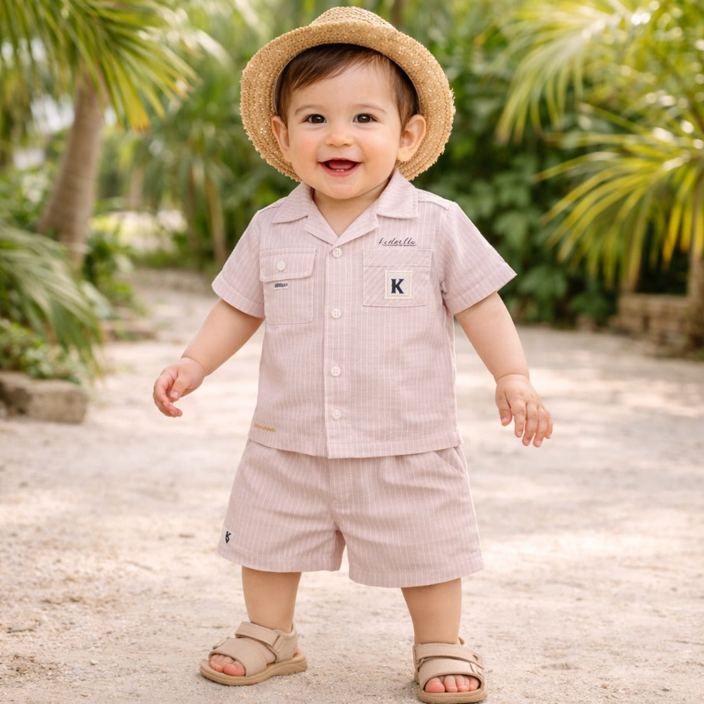 KIDZELLO BABA SUET (0–12M) – Green & Pink Striped Baby Summer Co-Ord Set