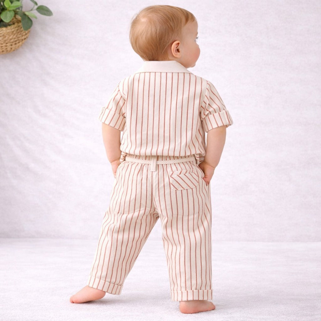 KIDZELLO Boys Rust 3-Piece Clothing Set (6–18 Months) – Striped Blazer, Sleeveless T-Shirt & Pants Outfit