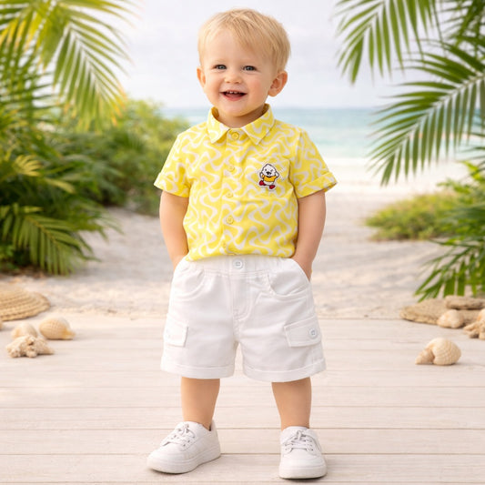 MASHUP Boys Printed Shirt & Cargo Shorts Set – Peach & Yellow Summer Co-ord Outfit