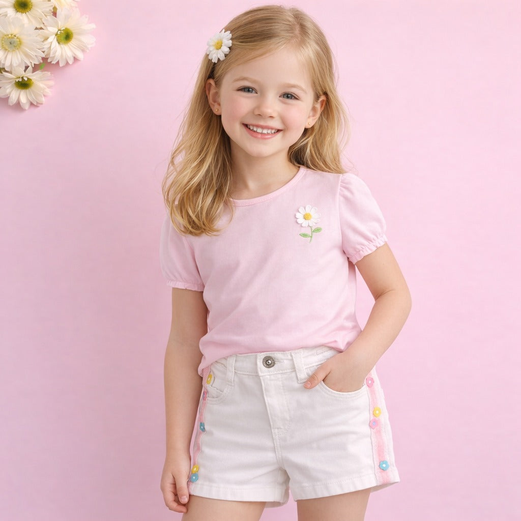 LOVEKINS Girls White Floral Side Stripe Denim Shorts (2–6 Years)