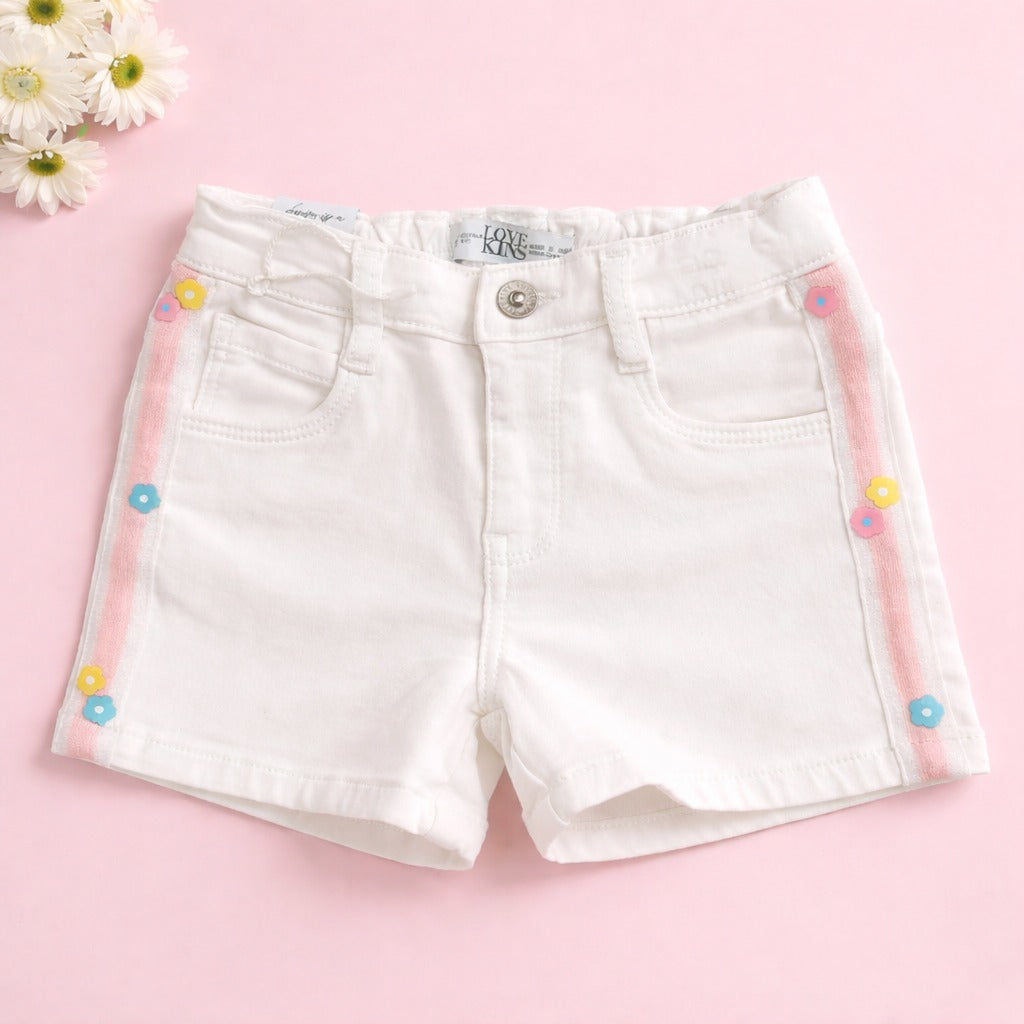 LOVEKINS Girls White Floral Side Stripe Denim Shorts (2–6 Years)