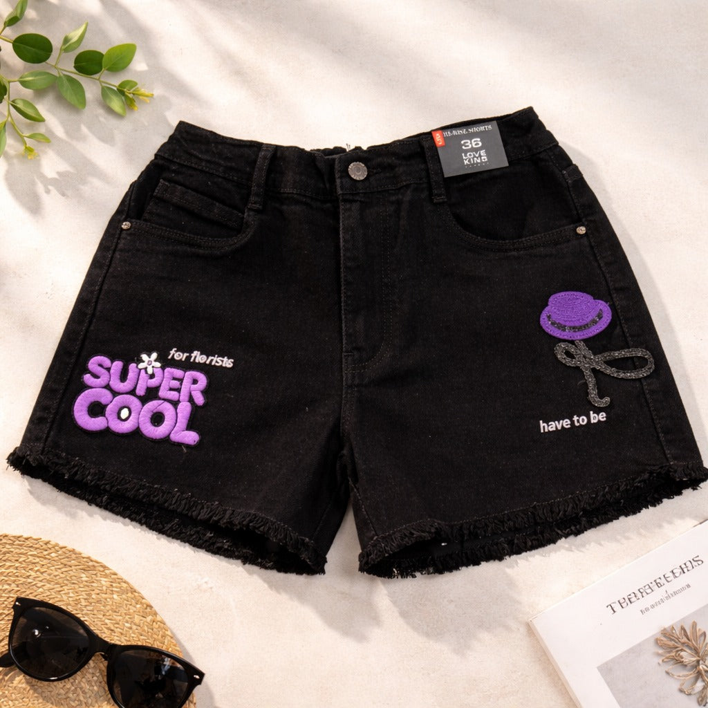 LOVEKINS Girls Black “Super Cool” Denim Shorts (6–12 Years)