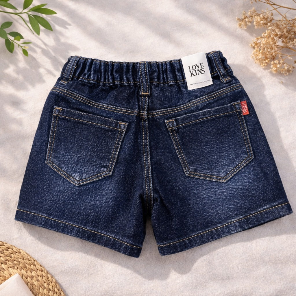 LOVEKINS Girls Blue Denim “Happy” Embroidered Shorts (18 Months – 6 Years)