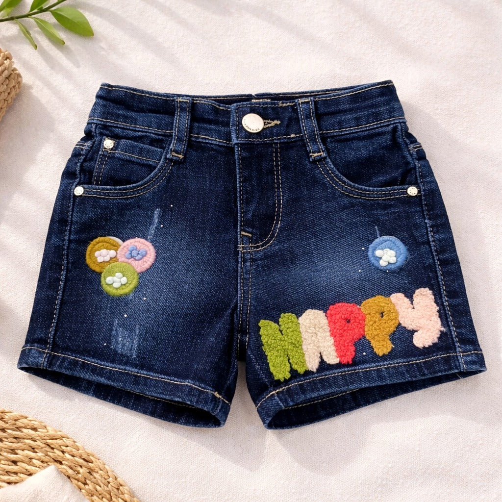 LOVEKINS Girls Blue Denim “Happy” Embroidered Shorts (18 Months – 6 Years)