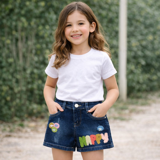LOVEKINS Girls Blue Denim “Happy” Embroidered Shorts (18 Months – 6 Years)
