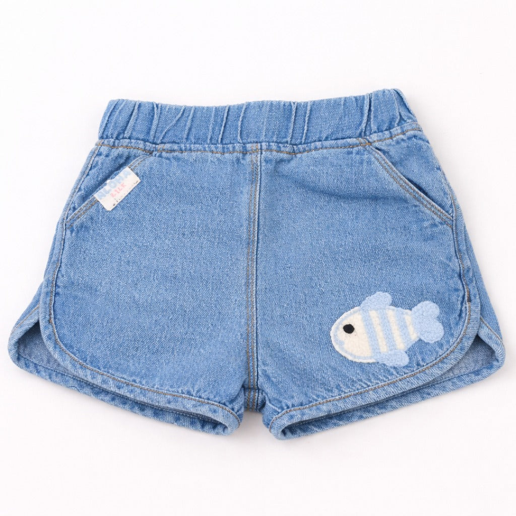 LITTLE KANGAROO Kids Denim Shorts with Cute Fish Patch – Elastic Waist Summer Shorts for Boys & Girls (1–6 Years)