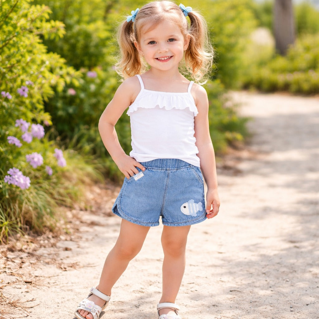 LITTLE KANGAROO Kids Denim Shorts with Cute Fish Patch – Elastic Waist Summer Shorts for Boys & Girls (1–6 Years)