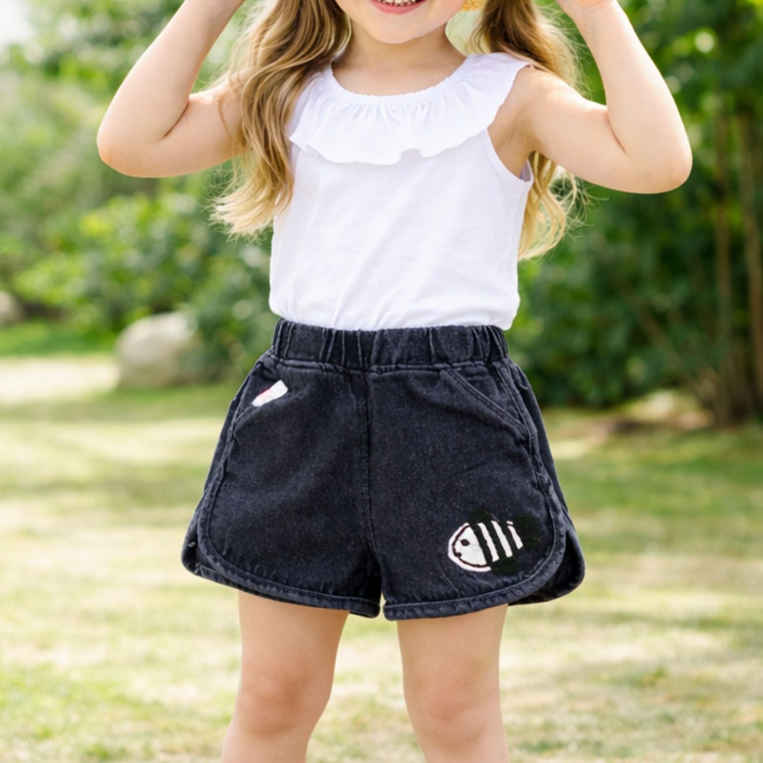 LITTLE KANGAROO Kids Denim Shorts with Cute Fish Patch – Elastic Waist Summer Shorts for Boys & Girls (1–6 Years)