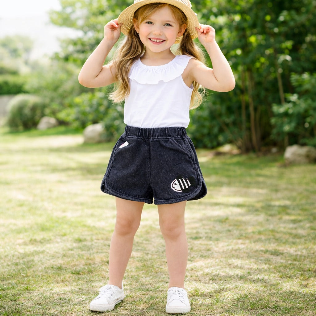 LITTLE KANGAROO Kids Denim Shorts with Cute Fish Patch – Elastic Waist Summer Shorts for Boys & Girls (1–6 Years)